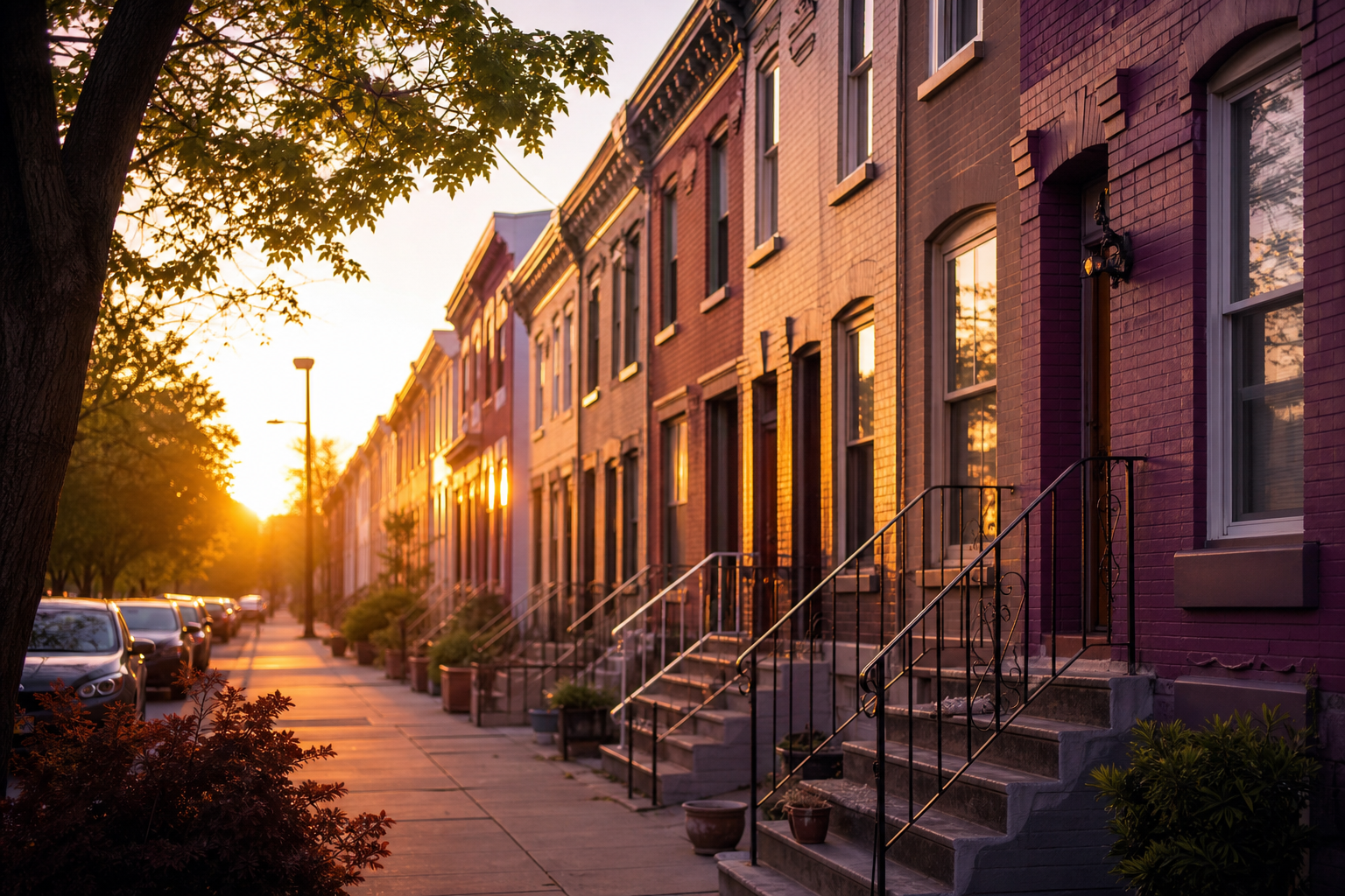 A North Philadelphia rowhome street glowing in warm golden-hour light.