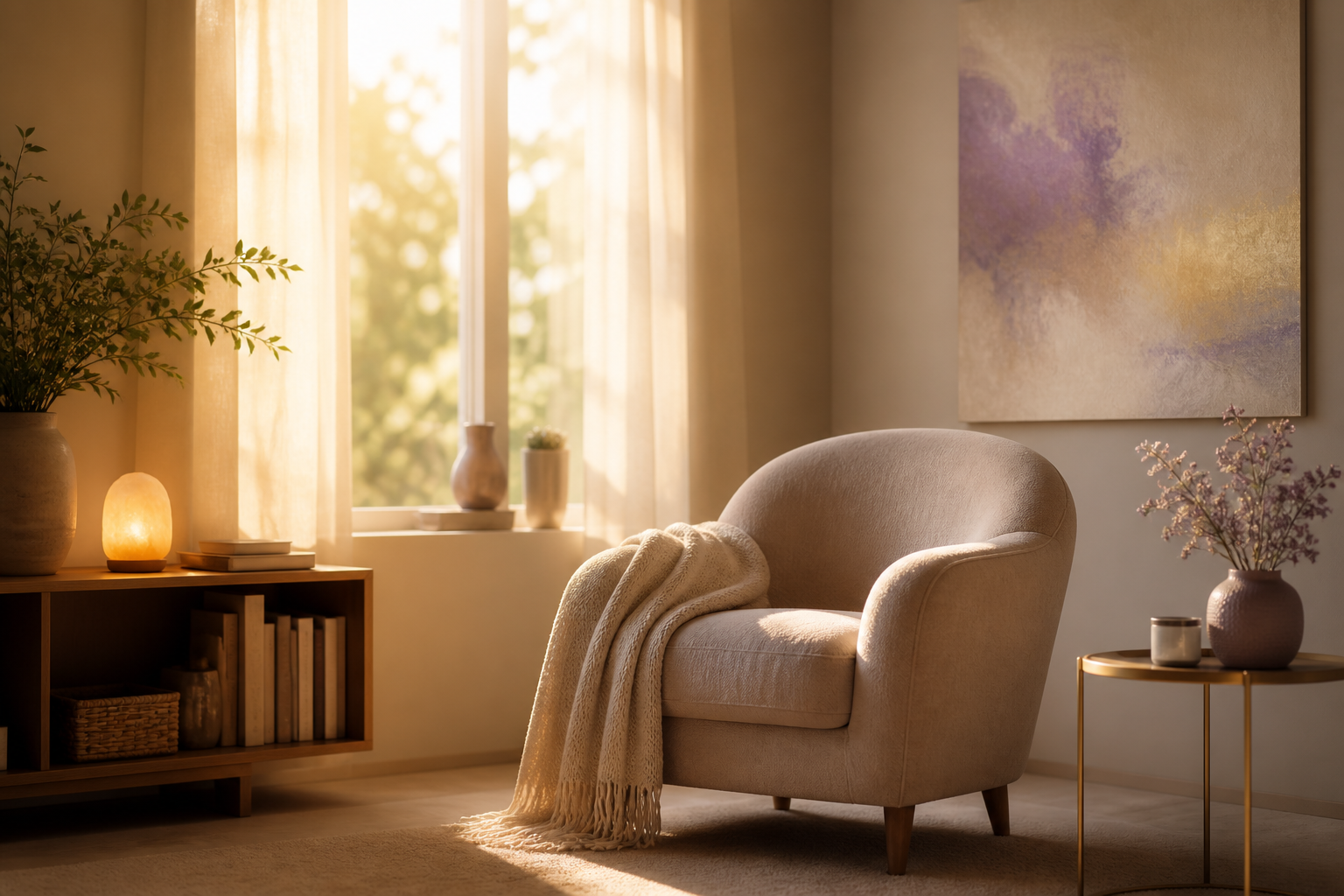 A calm, sunlit counseling room with a comfortable armchair and soft blanket.